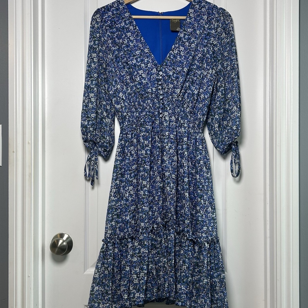 Taylor Blue Ditsy Floral Chiffon V-Neck Midi Dress Cottagecore Boho Chic Style
